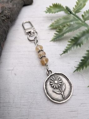 Daisy Flower Keychain with Citrine Beads / Bag Charm